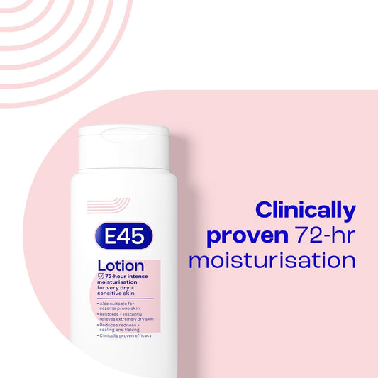 E45 Moisturising Lotion 200 ml, Daily Body Moisturiser for Dry &amp; Sensitive Skin, Long-Lasting Hydration to Soothe, Protect &amp; Restore Softness