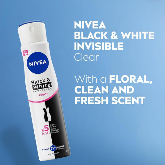 NIVEA Black &amp; White Invisible Anti-Perspirant Spray Pack of 6 (6 x 250ml), 72hr Anti-Sweat Women's Deodorant Spray, No Stains on Black and White ClothesVisit the NIVEA Store