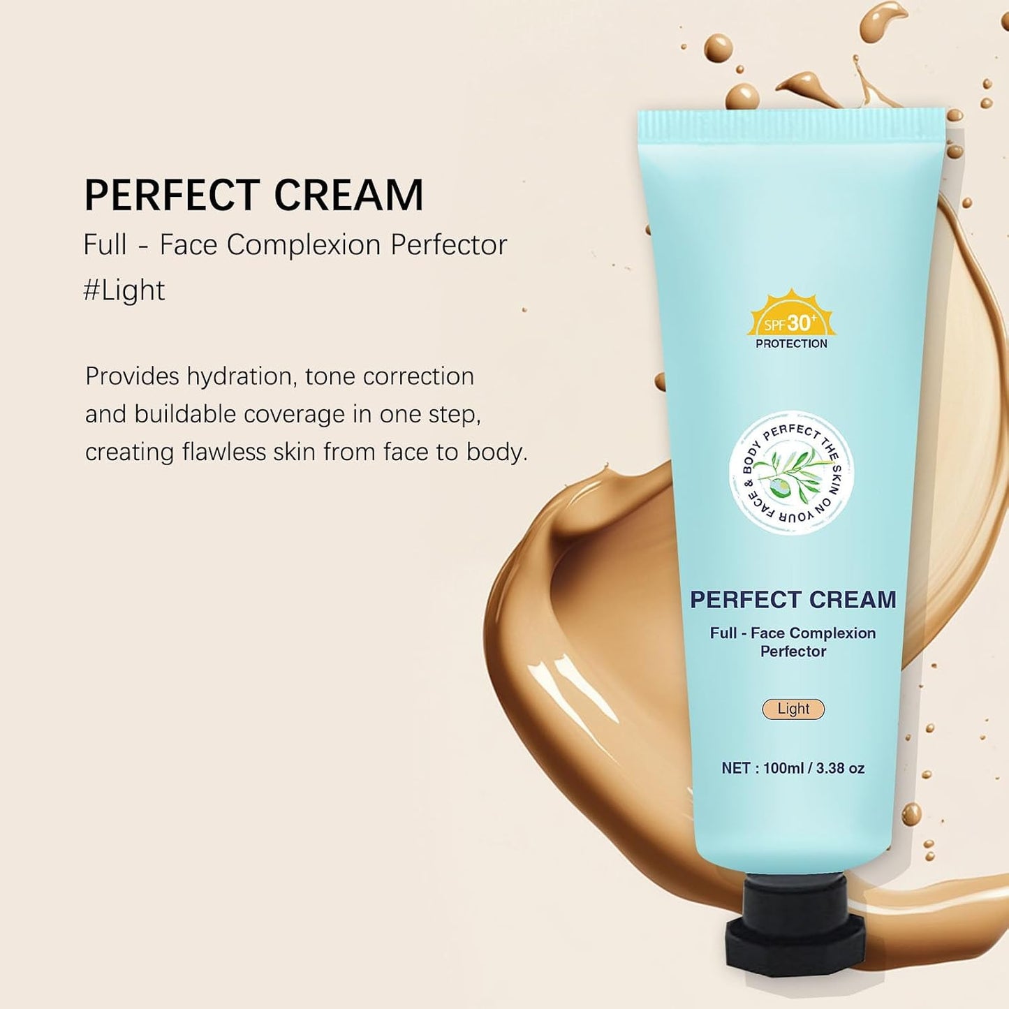 Body Coverage Perfector with SPF 30+, All-Over Complexion Perfector CC Cream, Full Coverage Foundation &amp; Concealer Cream, Waterproof, Long-Lasting for Shimmery Face &amp; Body (Light+brush)