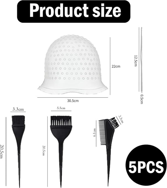 5 Piece Set Highlighting Cap, Highlighting Kit, Highlights Hair Dye Kit, Hair Coloring Brushes And Needle,Highlighting Frosting Cap, Professional Salon Silicone Hairdressing Tools For Women Men