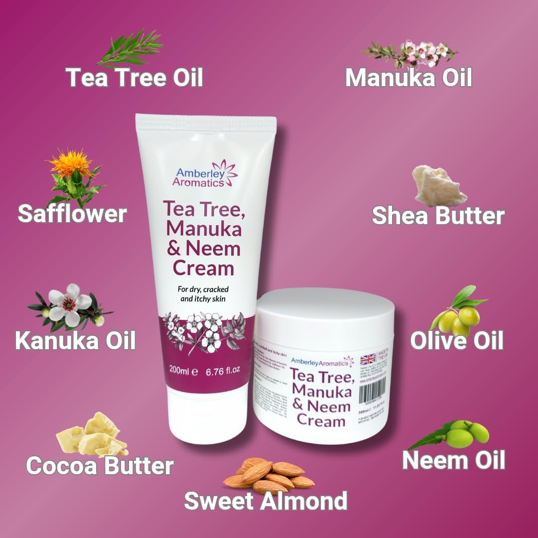 Tea Tree, Manuka &amp; Neem Cream (200ml) -Antibacterial, Anti-fungal, Antiseptic, Anti-Itch, Dry, Chapped &amp; Cracked Skin, Eczema, Psoriasis, Jock Itch, Fungal infections. Fast Effective Relief