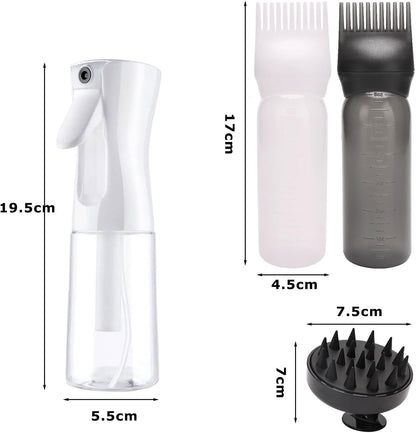 JOYOLA 4pcs Hair Oil Applicator Bottle, Plastic Hair Dye Oil Applying Applicator, 2 Root Comb Applicator Bottle Graduated, 1 Spray Bottle and 1 Scalp Massager for Hair Colouring and Conditioning
