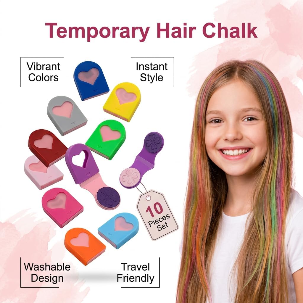 10 Colors Hair Chalk for Adults, Temporary Washable Hair Dye Powder Set, Non-Toxic Hair Colour Chalk Pens for Party Cosplay Halloween Christmas