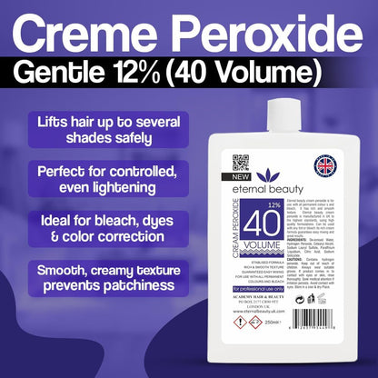 Creme Peroxide 12% (40 Volume) 250ml – Professional Hair Bleach Developer for Salon &amp; Home Use, Smooth Cream Formula for Safe, Even Lightening by Eternal Beauty