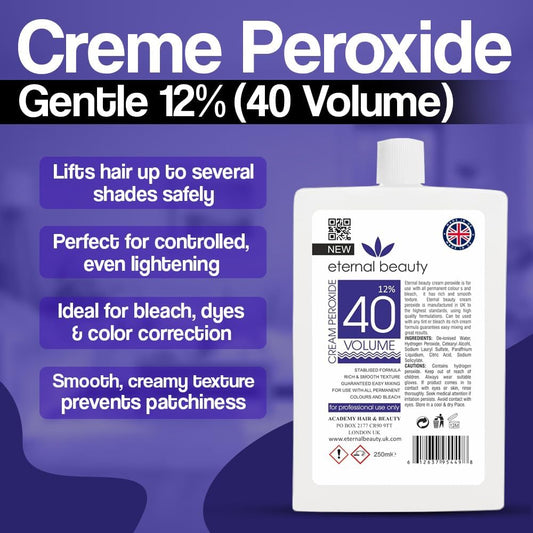Creme Peroxide 12% (40 Volume) 250ml – Professional Hair Bleach Developer for Salon &amp; Home Use, Smooth Cream Formula for Safe, Even Lightening by Eternal Beauty