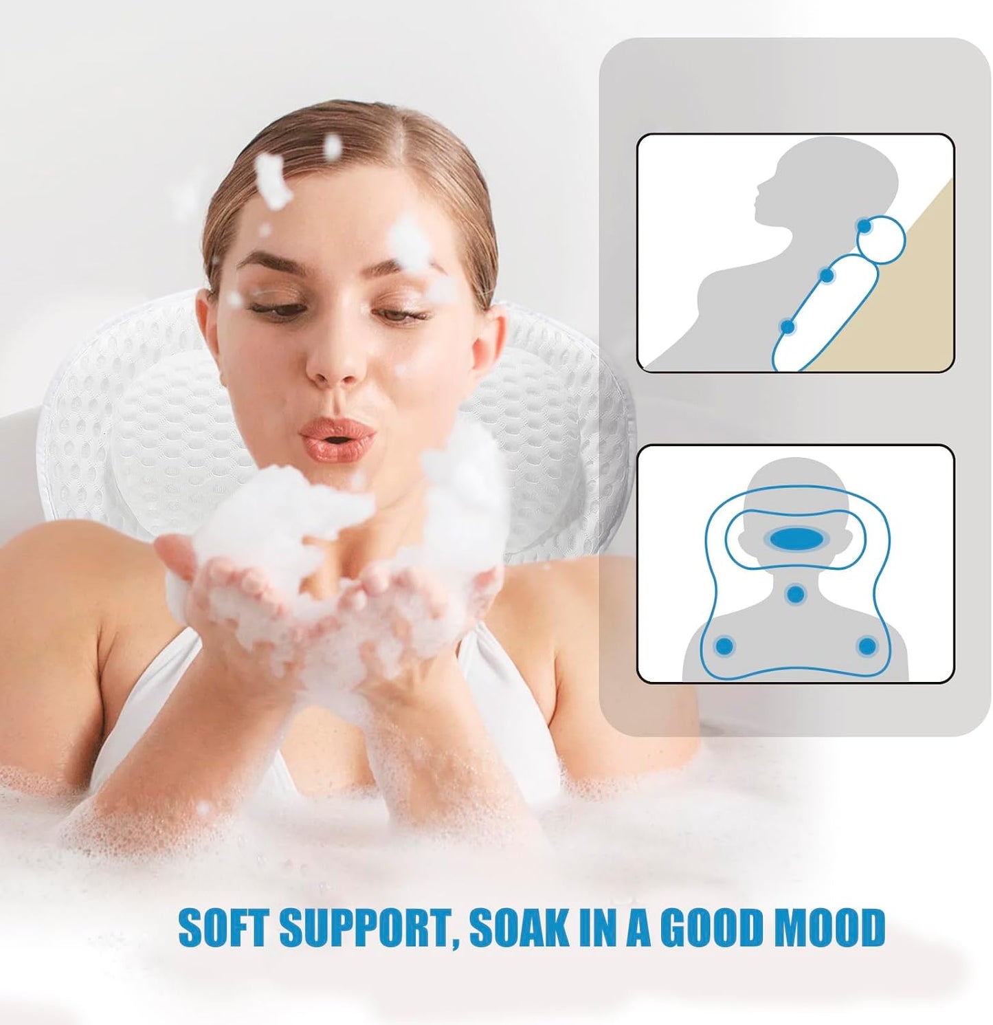 Bath Pillow for Bathtub, Non-Slip Head &amp; Neck Support with 7 Suction Cups, 4D Air Mesh Quick Dry Waterproof, Ergonomic Spa Gift, Machine Washable, White
