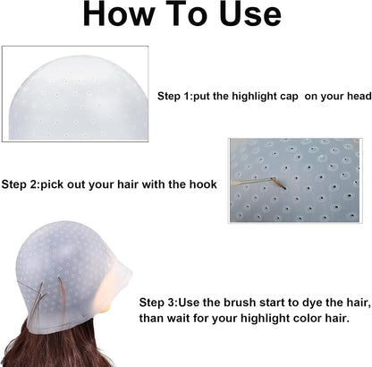 Pre-punched Holes Silicone Highlight Cap,7 Pcs Silicone Highlight Cap Kit with Hair Coloring Brushes and Needle,Professional Reusable Highlighting Kit Tools for Women Men