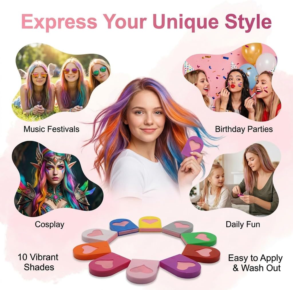10 Colors Hair Chalk for Adults, Temporary Washable Hair Dye Powder Set, Non-Toxic Hair Colour Chalk Pens for Party Cosplay Halloween Christmas