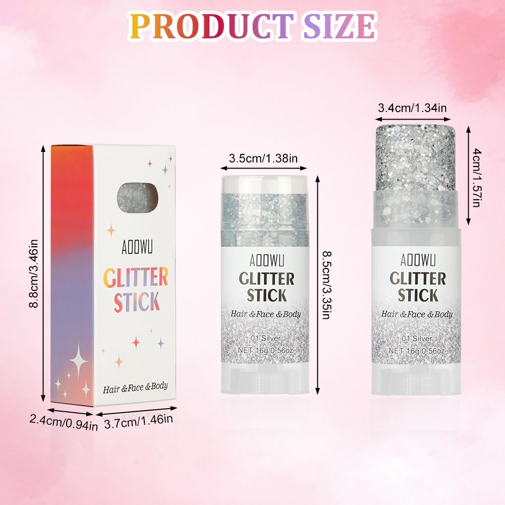 AOOWU Body Glitter Stick, Holographic Chunky Glitter Gel for Face Body Hair, Waterproof Long Lasting Shimmer Sparkle Makeup, Festival Rave Party Carnival Cosplay Accessories,Silver