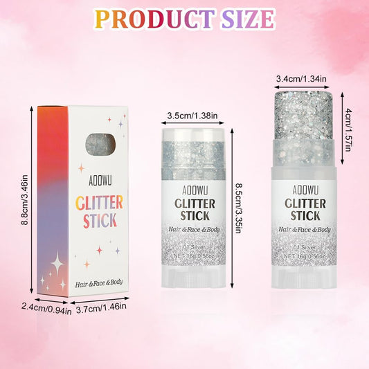 AOOWU Body Glitter Stick, Holographic Chunky Glitter Gel for Face Body Hair, Waterproof Long Lasting Shimmer Sparkle Makeup, Festival Rave Party Carnival Cosplay Accessories,Silver