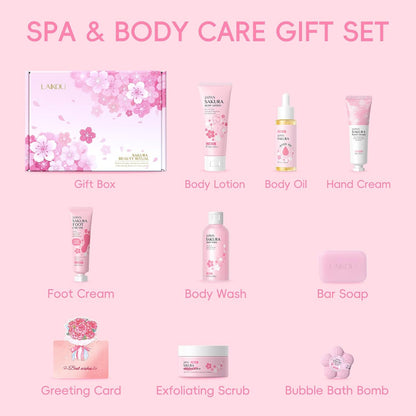 LAIKOU Sakura Bath Gift Set, Pamper Gifts for Women, Body Lotion Body Wash Scrub Hand Cream and More, Unique Self Care Package, Mothers Day Christmas Birthday Gift Ideas for Her Friend Sister Mum Wife