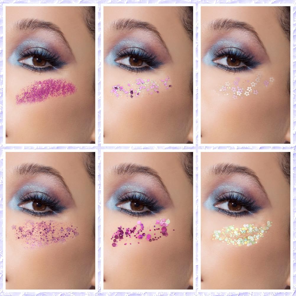 AOOWU Body and Face Glitter Makeup Gel, 6 Colors Cosmetic Reflective Chunky Glitter, Festival Hair Glitters, Body Gel Sequins Shimmer Liquid Eyeshadow, Mermaid Sequins Holographic Glitters Gels