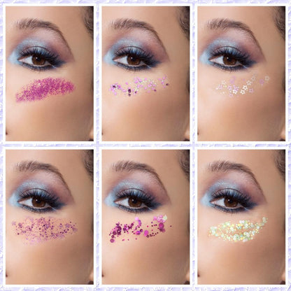 AOOWU Body and Face Glitter Makeup Gel, 6 Colors Cosmetic Reflective Chunky Glitter, Festival Hair Glitters, Body Gel Sequins Shimmer Liquid Eyeshadow, Mermaid Sequins Holographic Glitters Gels