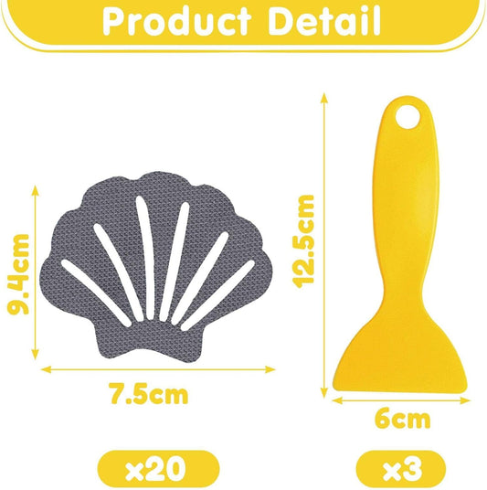 20 Bathroom Non-Slip Stickers And 3 Small Scrapers, Gray Shell Shape, Strong Sticky Adhesive, Suitable For Shower Room Floor Safety Protection.