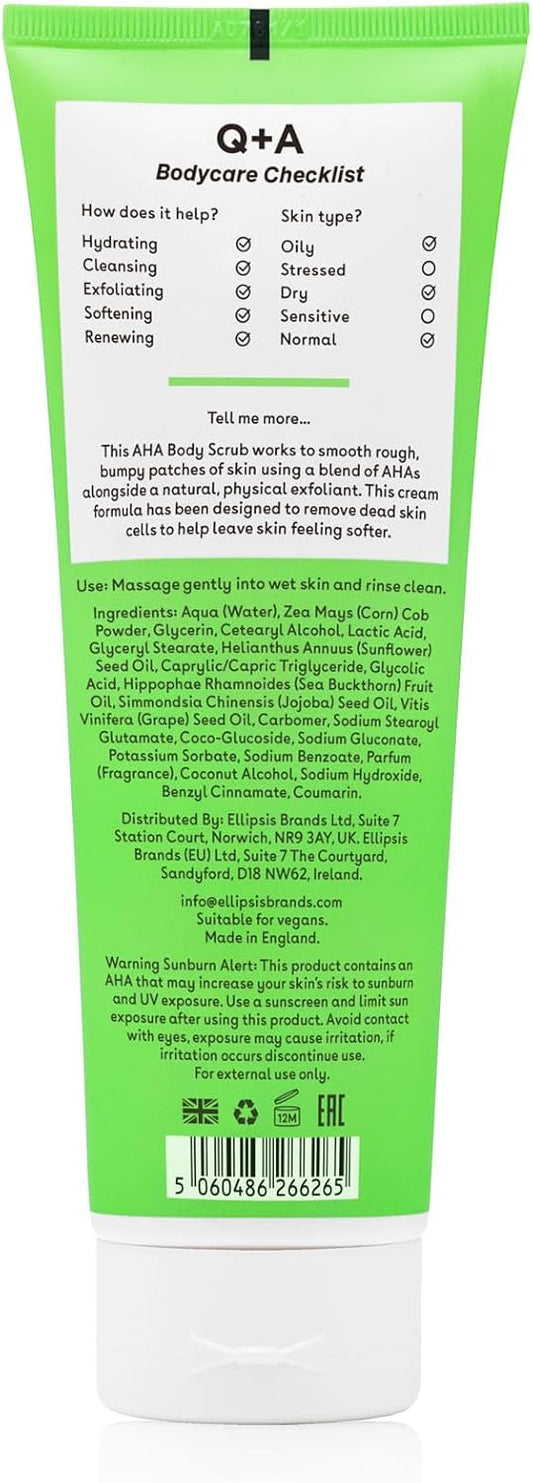 Q+A AHA Exfoliator Body Scrub (250ml), Exfoliating Body Scrub with AHA and Lactic &amp; Glycolic Acid, Smooths Rough Dry Skin, Brightens &amp; Hydrates, Vanilla &amp; Coconut Scent