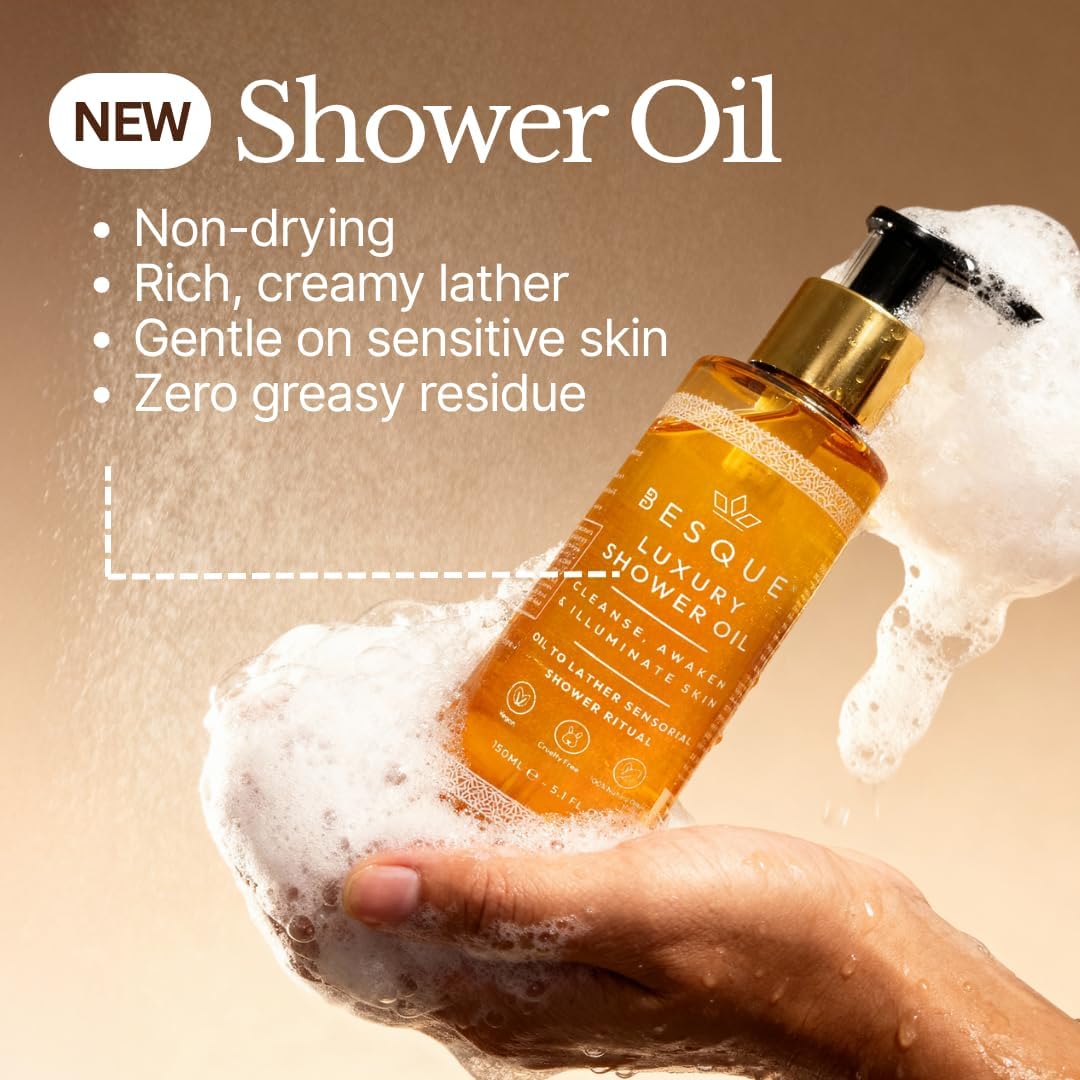 Besque Luxury Shower Oil, Hydrating Body Wash for Women with Sweet Almond, Rosehip &amp; Evening Primrose &amp; Vitamin E, Gentle Cleanser for Sensitive, Dry &amp; Aging Skin, 150 ml - Pack of 1