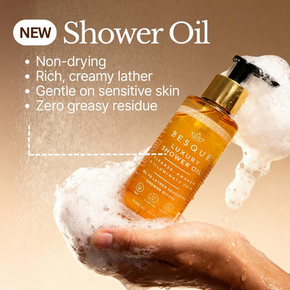 Besque Luxury Shower Oil, Hydrating Body Wash for Women with Sweet Almond, Rosehip &amp; Evening Primrose &amp; Vitamin E, Gentle Cleanser for Sensitive, Dry &amp; Aging Skin, 150 ml - Pack of 1