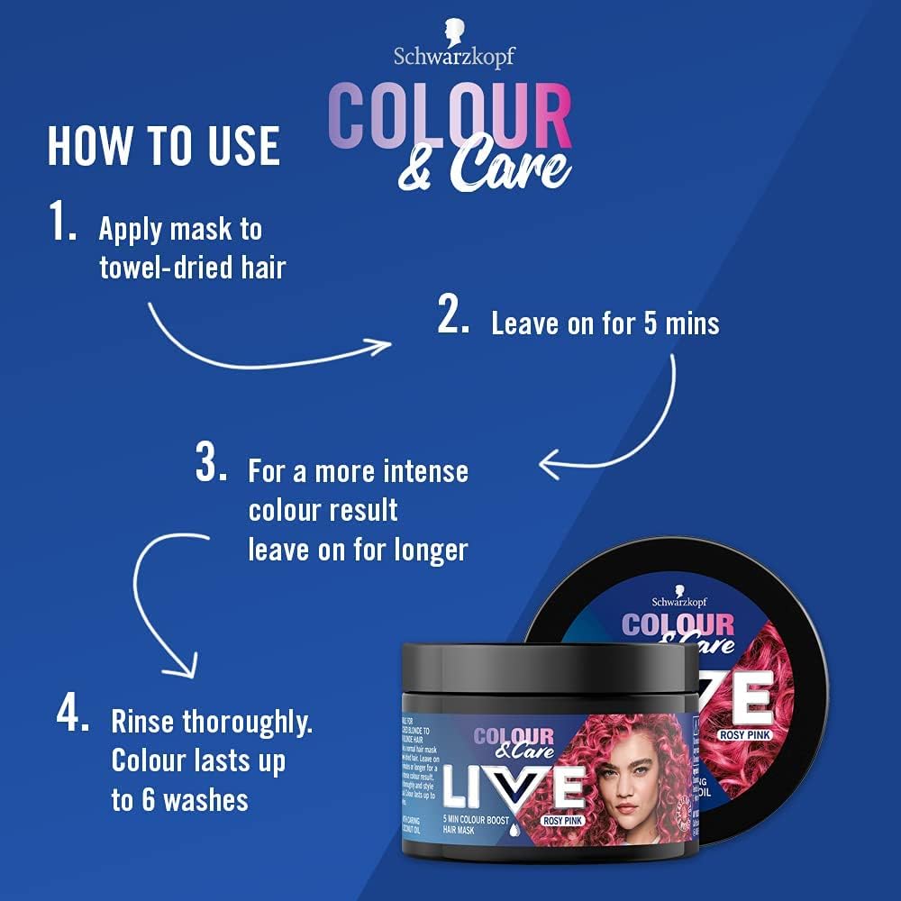 Schwarzkopf LIVE Colour &amp; Care Hair Mask, 5 Minute Wash Out Colour Boost, Semi-permanent Pink Hair Dye, Lasts up to 6 Washes- Rosy Pink, 150ml