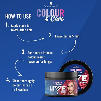 Schwarzkopf LIVE Colour &amp; Care Hair Mask, 5 Minute Wash Out Colour Boost, Semi-permanent Pink Hair Dye, Lasts up to 6 Washes- Rosy Pink, 150ml