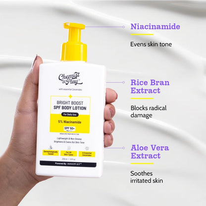 Chemist at Play Bright Boost SPF Body Lotion With 5% Niacinamide &amp; SPF 50+ PA++++ 24 hours Moisturization Lightweight &amp; Non-Greasy Formula 236ml