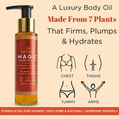 Besque Magic Body Oil, 100ml, After Shower Body Oil For Women, Hydrating Skin Care For Full Body That Plumps, Tightens, and Firms Skin With Natural Ingredients, Made In UK
