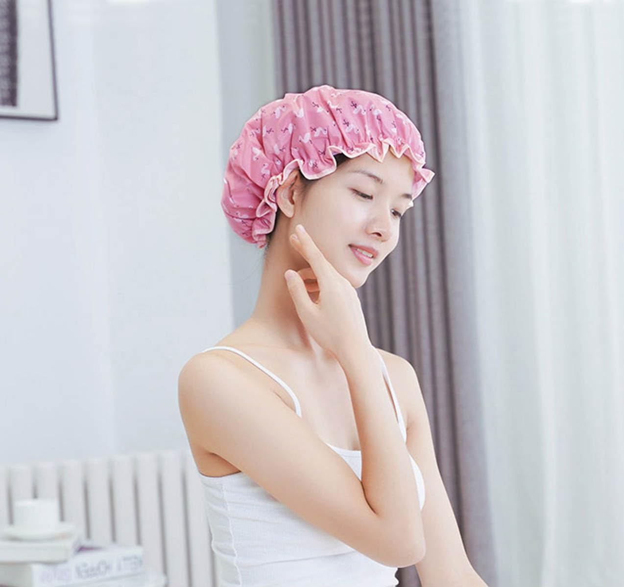 Shower Cap Elastic Band Double Layers Waterproof Shower Caps With Ruffled Edge Covering Ears Keeping Hair Dry Kitchen Oil-proof Cap for Girls and Women 2PCS