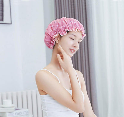 Shower Cap Elastic Band Double Layers Waterproof Shower Caps With Ruffled Edge Covering Ears Keeping Hair Dry Kitchen Oil-proof Cap for Girls and Women 2PCS