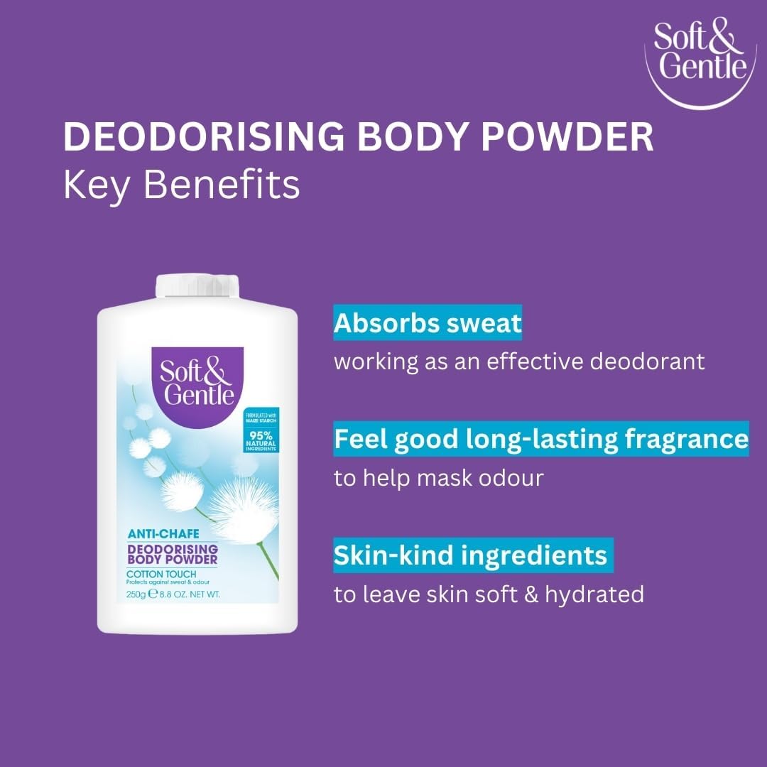 SOFT &amp; GENTLE Fresh Cotton Talc Free Cotton Body Powder 250g, Deodorising Personal Hygiene Against Moisture, Friction &amp; Odour, Prevent Smudging After Self-Tanning &amp; Facial Makeup, Baby Powder