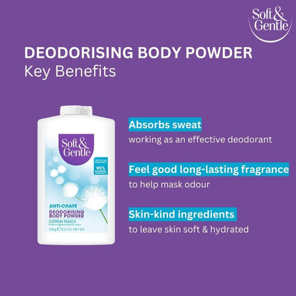 SOFT &amp; GENTLE Fresh Cotton Talc Free Cotton Body Powder 250g, Deodorising Personal Hygiene Against Moisture, Friction &amp; Odour, Prevent Smudging After Self-Tanning &amp; Facial Makeup, Baby Powder