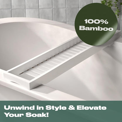 OHS Bath Trays for Across The Bath, Home Spa Bath Caddy Bamboo Bath Tray Wooden Bath Table Organiser Candles Wine Glass Books Shelf Over Bath for Accessories, White
