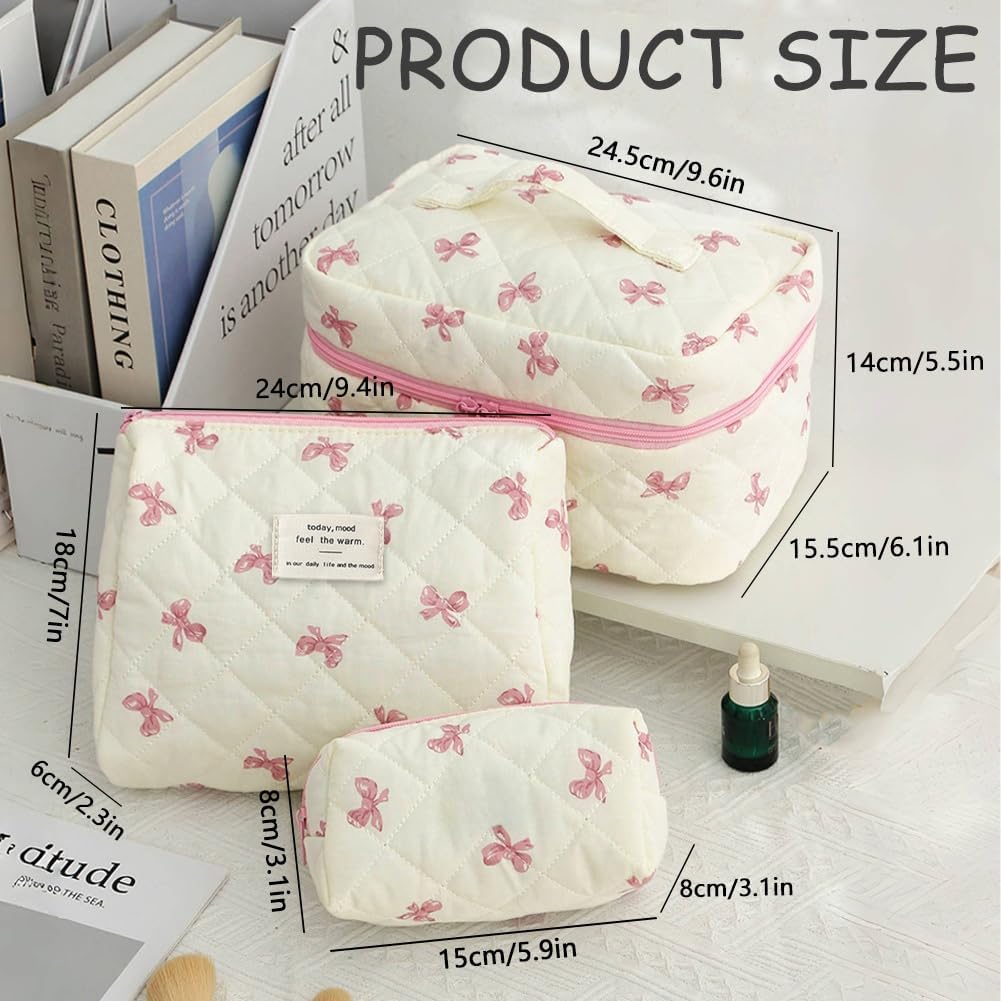 Aucuu 3PCS Coquette Makeup Bag, Quilted Makeup Bag for Women, Floral Cotton Cosmetic Bag Set, Large Capacity Aesthetic Floral Toiletry Bag, Travel Toiletry Bag, Wash Organizer Pouch for Women Girls