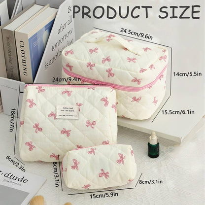 Aucuu 3PCS Coquette Makeup Bag, Quilted Makeup Bag for Women, Floral Cotton Cosmetic Bag Set, Large Capacity Aesthetic Floral Toiletry Bag, Travel Toiletry Bag, Wash Organizer Pouch for Women Girls