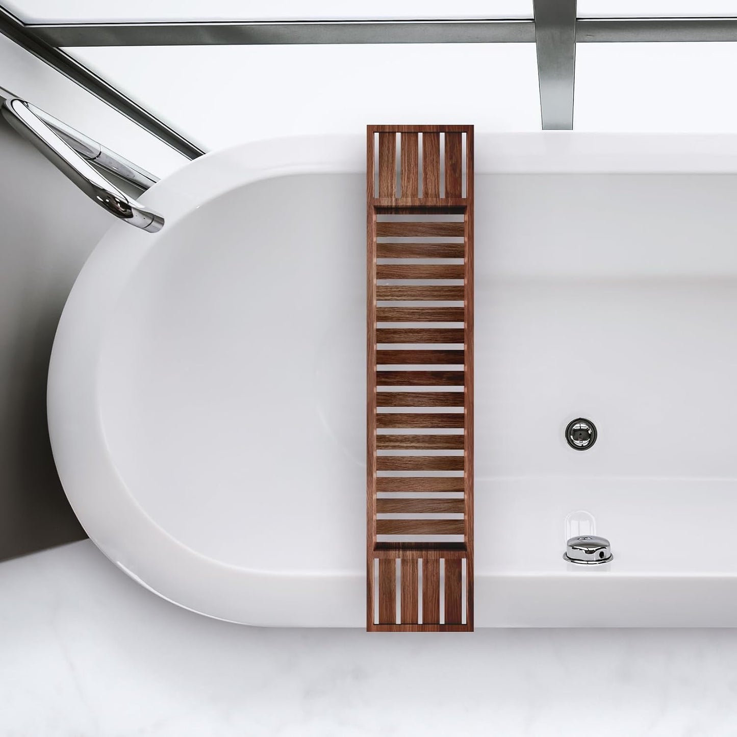 woodluv Slimline Acacia Wood Bathtub Caddy Tray Bridge Wooden Bath Rack Bathroom Accessory Bath Shelf Over Tub Bathroom Board Storage Shelf Tidy Relax Organiser, 70 x 14.5 x 7.5 cm - Natural