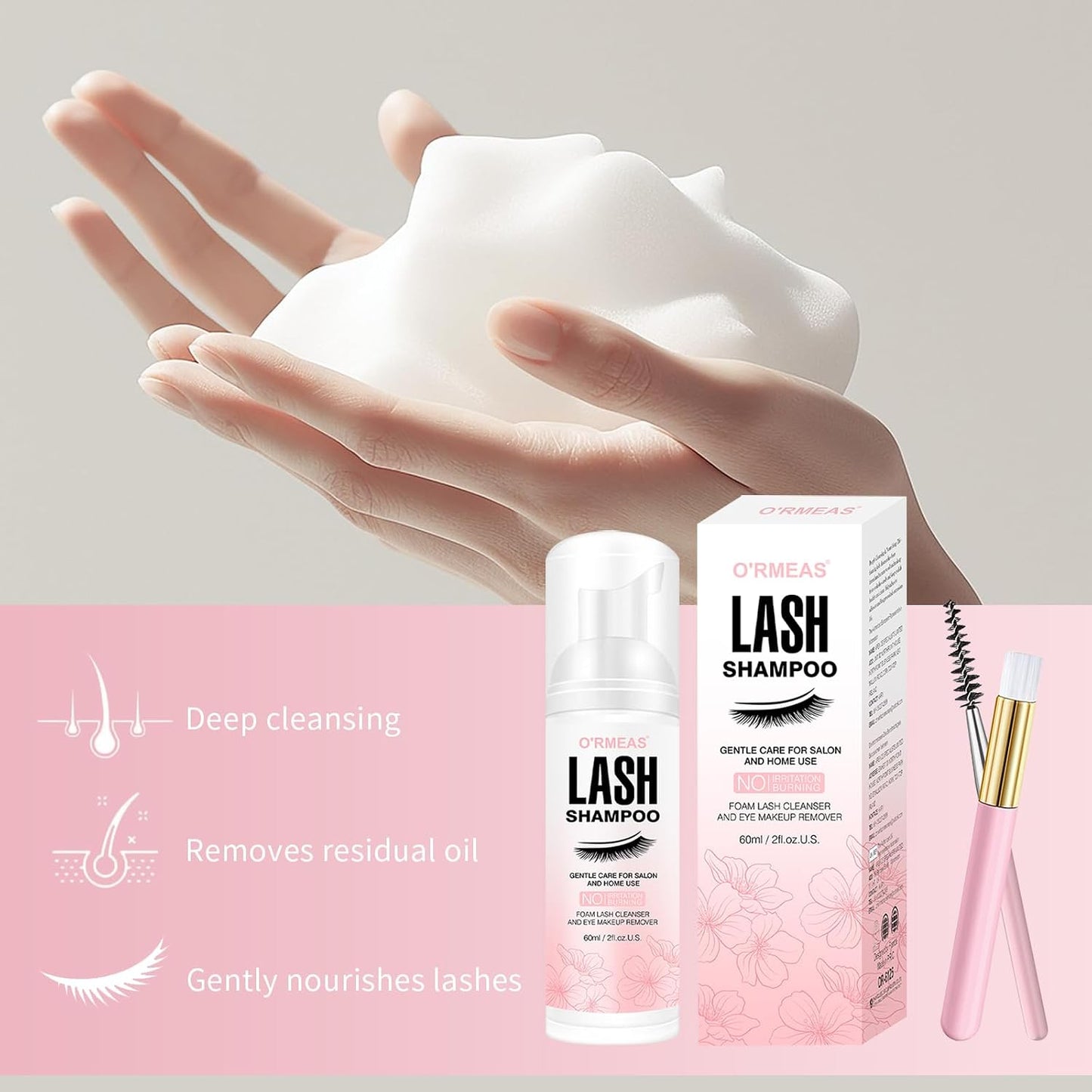 Lash Shampoo, 60ml + Foam + Wand + Brush, Lash Remover, Eyelash Remover for Extensions, Eyelash Shampoo Foam Bath, Deep Makeup Remover, for Home or Salon Use