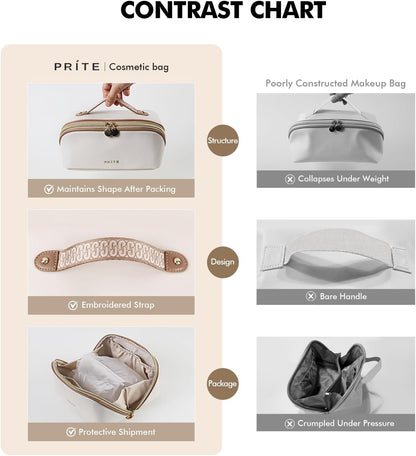 Prite Large Capacity Makeup Bag Portable Travel Cosmetic Bag Waterproof Toiletry Case with Clear Divider and Handle