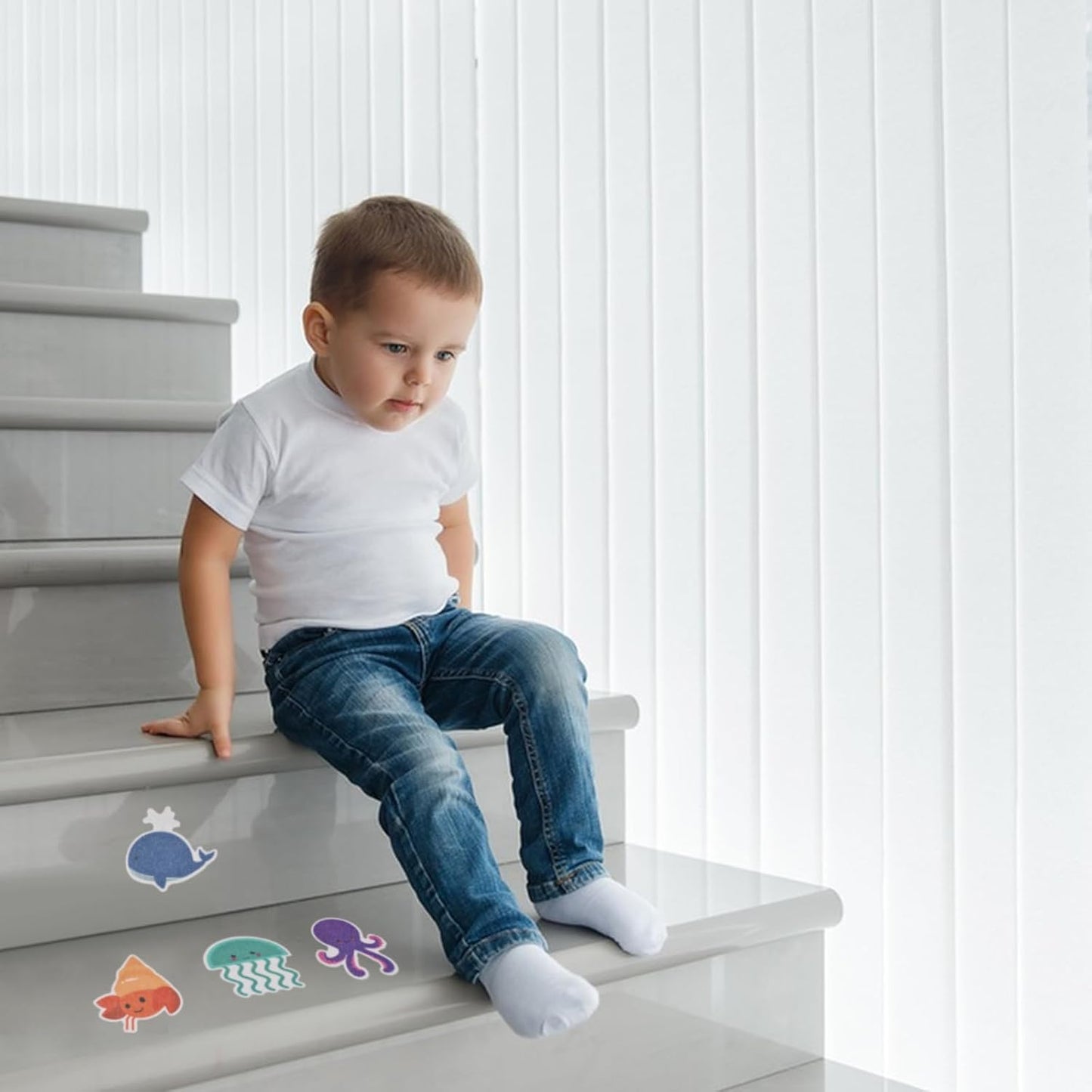 Non-Slip Stickers Pack of 10, Self-Adhesive Non-Slip Stickers for Bathtub and Shower, Child-Friendly Cartoon Sea Design, for Bathtub and Bathroom Floor