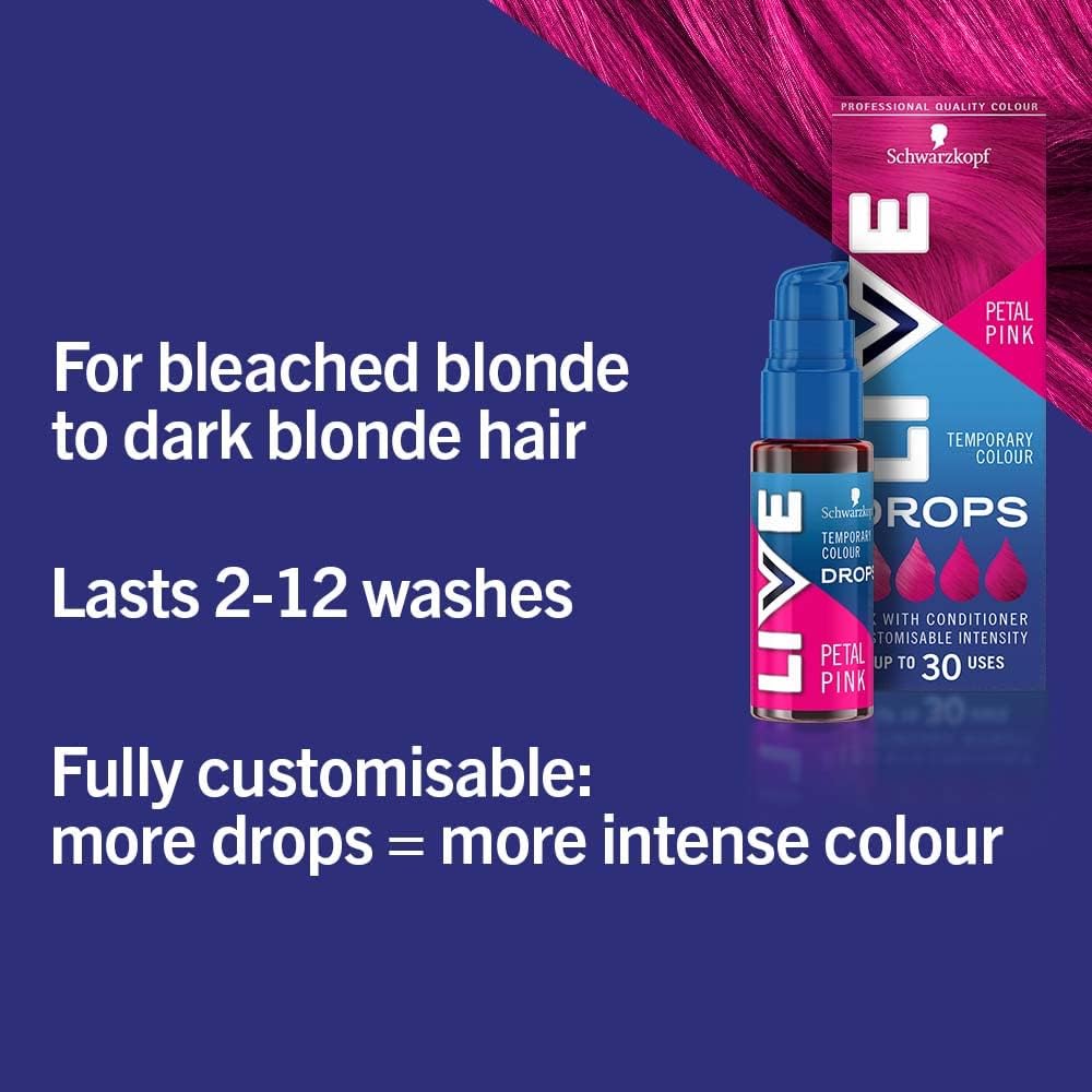 Schwarzkopf LIVE Colour Drops, Vegan, Semi-permanent, Pink Hair Dye, Lasts 2 to 12 Washes, Petal Pink 30 ml