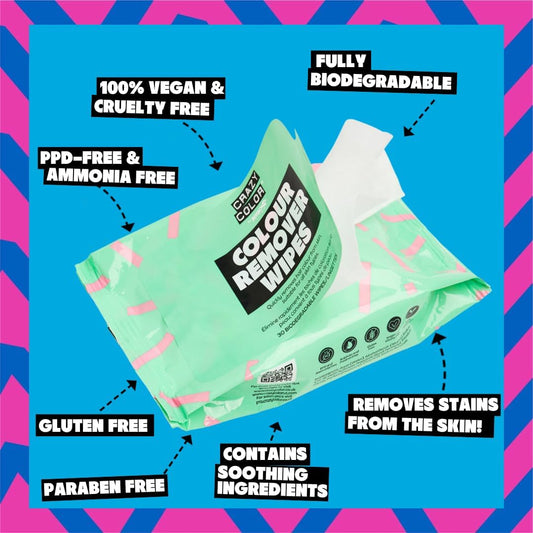 Crazy Color Hair Dye Remover Wipes. Remove hair dye from face. 30 Pack of Biodegradable Wipes.