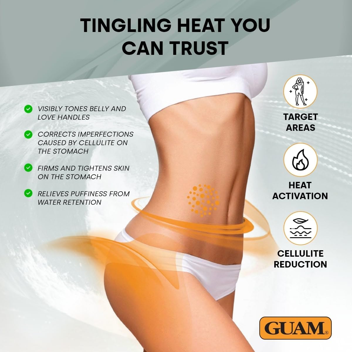 GUAM Algae Anti Cellulite Cream for Tummy &amp; Waist, 150ml Mud based Hot Skin Tightening Cream for Stomach with Black Tourmaline &amp; Caffeine, Natural Cellulite Remover, Belly &amp; Tummy Skin Firming Cream