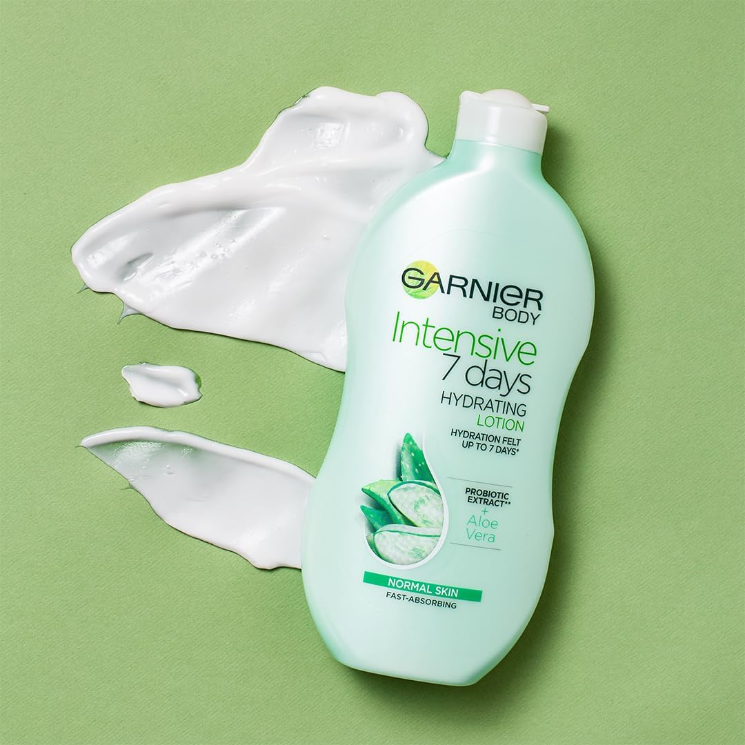 Garnier Intensive 7 Days Aloe Vera &amp; Probiotic Extract Body Lotion 400ml, Hydrating and Refreshing Moisturiser, Up to 7 Days Hydration, For Normal Skin, Fast Absorbing &amp; Non Greasy