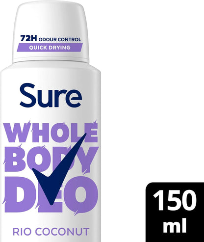Sure Rio Coconut Whole Body Deodorant women's deodorant spray with a fresh &amp; tropical fragrance for 72-hour odour control 150 ml