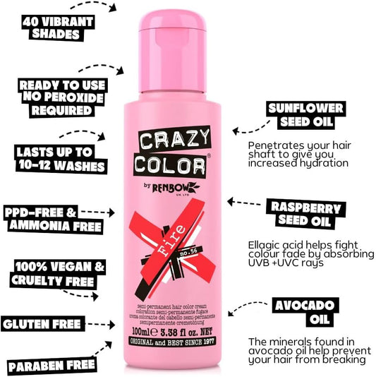 Crazy Color Vibrant Fire Semi-Permanent Hair Dye. Highly Pigmented Pillarbox Red Conditioning &amp; Oil Nourishing Vegan Formula | No Bleach or Ammonia | 100ml