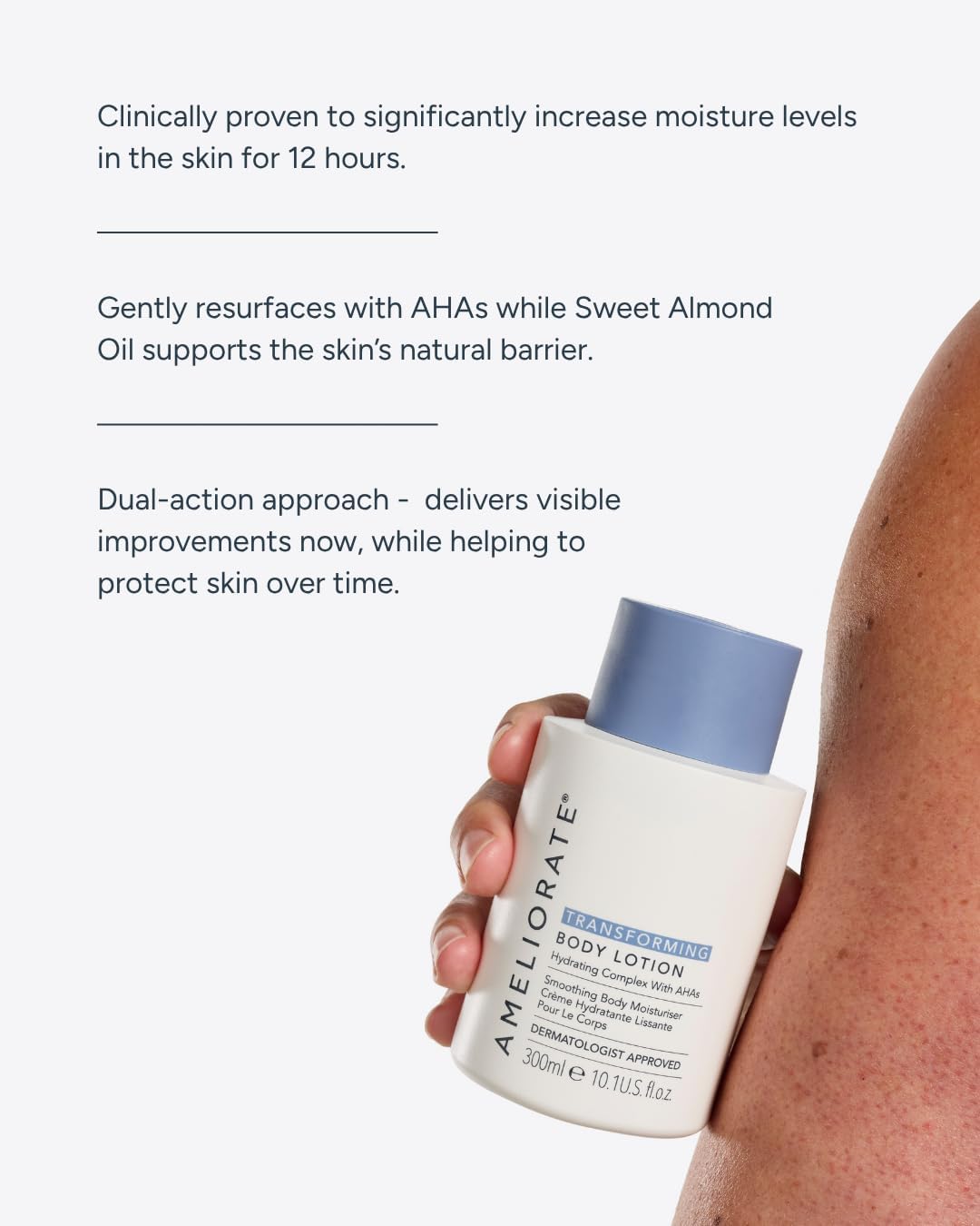 AMELIORATE Transforming Body Lotion Fragrance Free 300ml for Keratosis Pilaris (KP), Rough, Bumpy Skin &amp; Ingrown Hairs | Exfoliating Moisturiser with Lactic Acid (AHA) | Dermatologist Approved