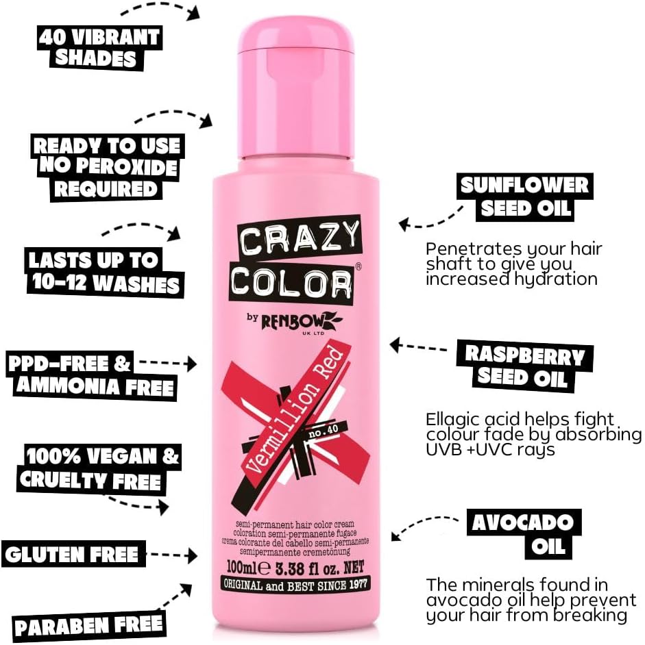 Crazy Color Vibrant Vermillion Red Semi-Permanent Hair Dye. Highly Pigmented Scarlet Red Conditioning &amp; Oil Nourishing Vegan Formula | No Bleach or Ammonia | 100ml