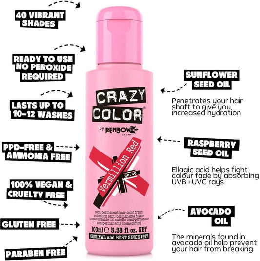 Crazy Color Vibrant Vermillion Red Semi-Permanent Hair Dye. Highly Pigmented Scarlet Red Conditioning &amp; Oil Nourishing Vegan Formula | No Bleach or Ammonia | 100ml