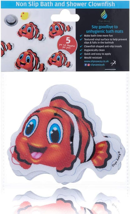Non Slip Bath Mat Stickers - Modern fun Stylish Alternative to Rubber Suction Mat - Strong Adhesive Textured Stick on Anti Skid safety Treads for Baby Toddler Child - SLIPS AWAY® (5x Clara Clownfish)