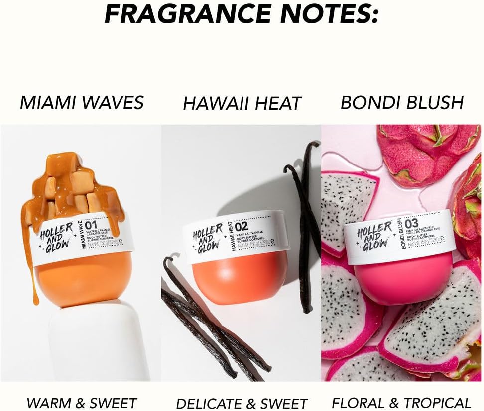 Holler And Glow Hawaii Heat Vanilla Body Butter, Body Butter For Women, Smells Good, Body Lotion For Extremely Dry Skin, Moisturizing, Nourishing, Shea Butter, Peony, Amber Scented, 150 g