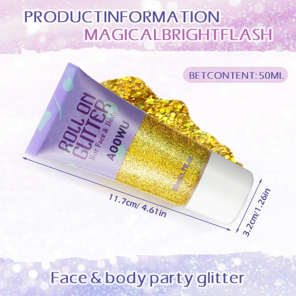 AOOWU Roll-on Body Glitter Gel,50ml Holographic Mermaid Sequins Small Glitter Face Body Gel,Sparkling Festival Party Lotion Glitter for Face Body Eye Hair Nail DIY Art,Vegan,Cruelty-Free,Red