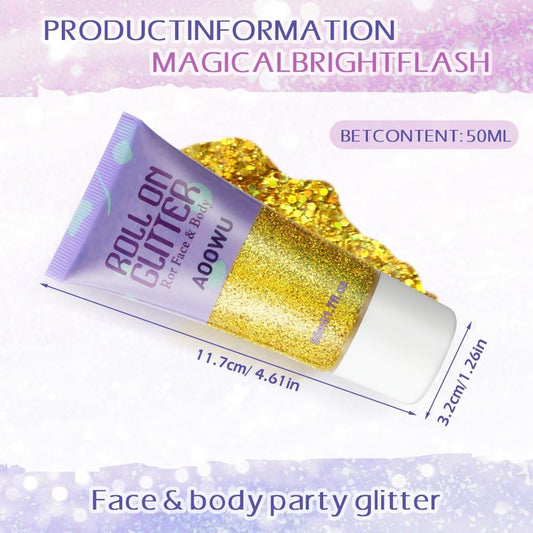 AOOWU Roll-on Body Glitter Gel,50ml Holographic Mermaid Sequins Small Glitter Face Body Gel,Sparkling Festival Party Lotion Glitter for Face Body Eye Hair Nail DIY Art,Vegan,Cruelty-Free,Red