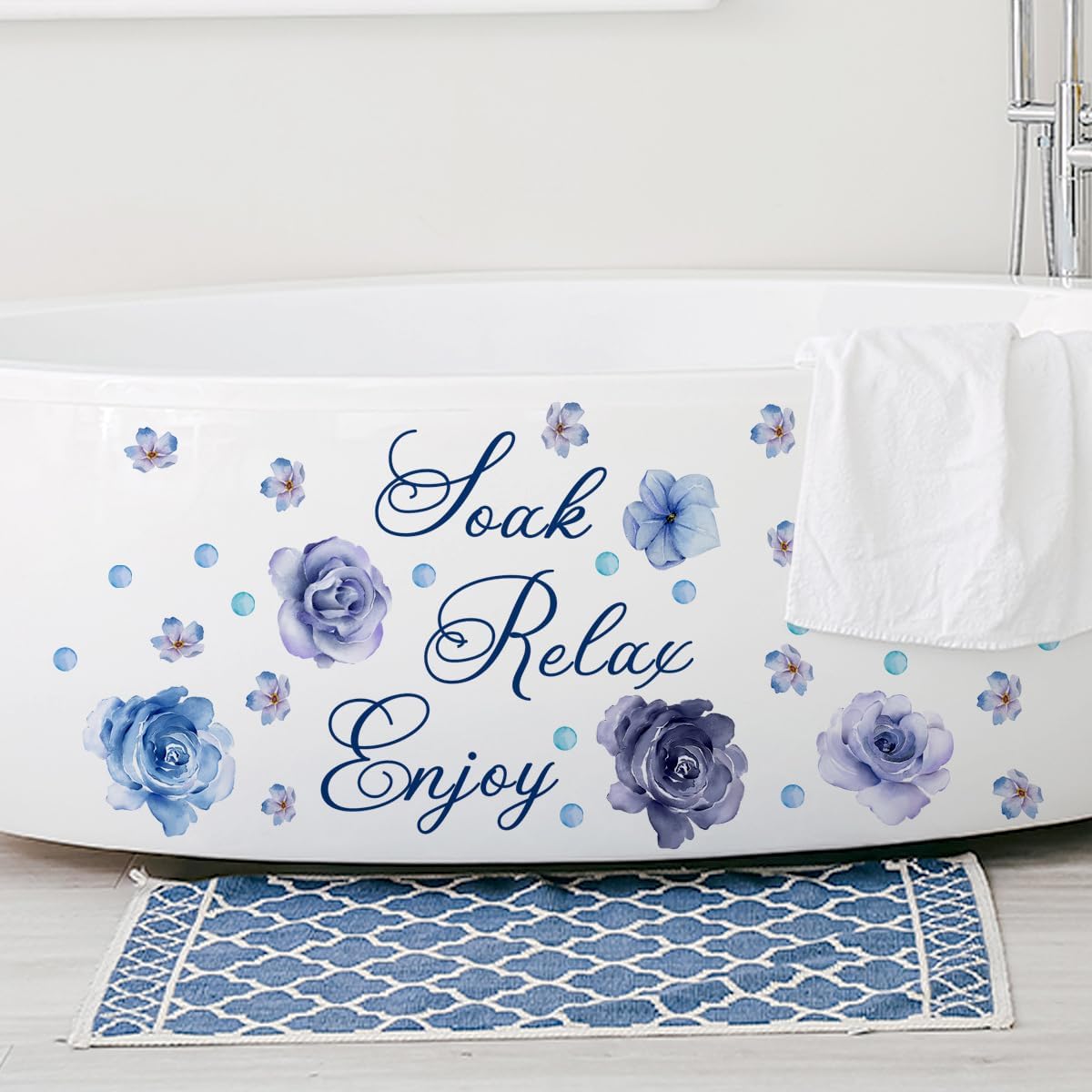 Soak Relax Enjoy Wall Sticker -Inspirational Quotes Decals, Waterproof Rose Flower Wall Art for Home Bathroom Decor 30 * 60 cm (Purple)